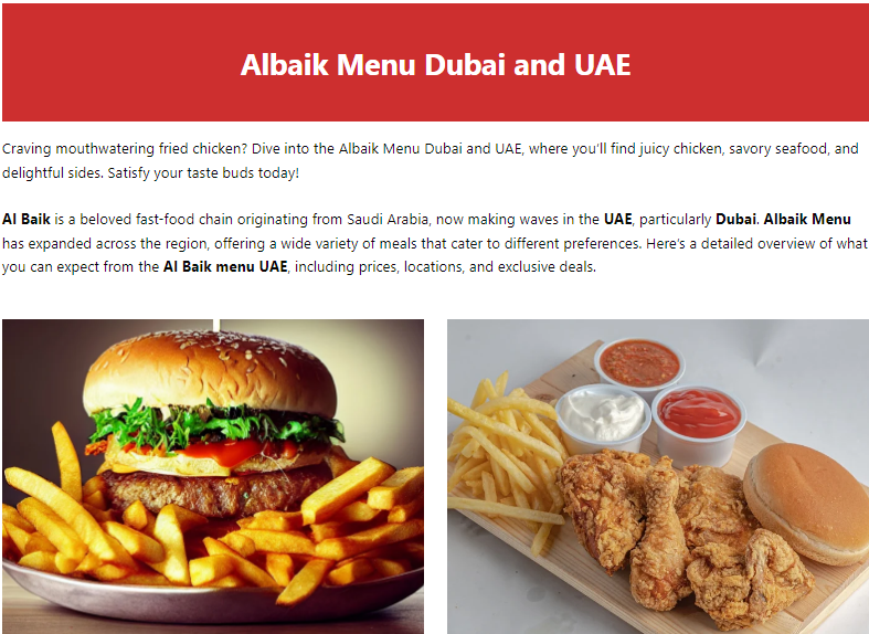 Albaik Menu Dubai and UAE
