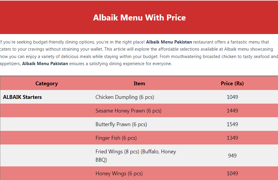 albaik menu pakistan with price