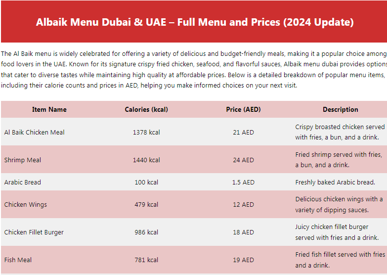 Albaik Menu Dubai & UAE – Full Menu and Prices